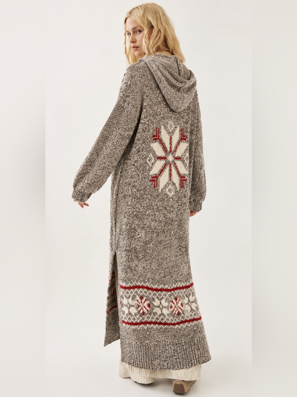 Women's Hooded Knit Maxi Cardigan with Nordic Snowflake - Gray/Red